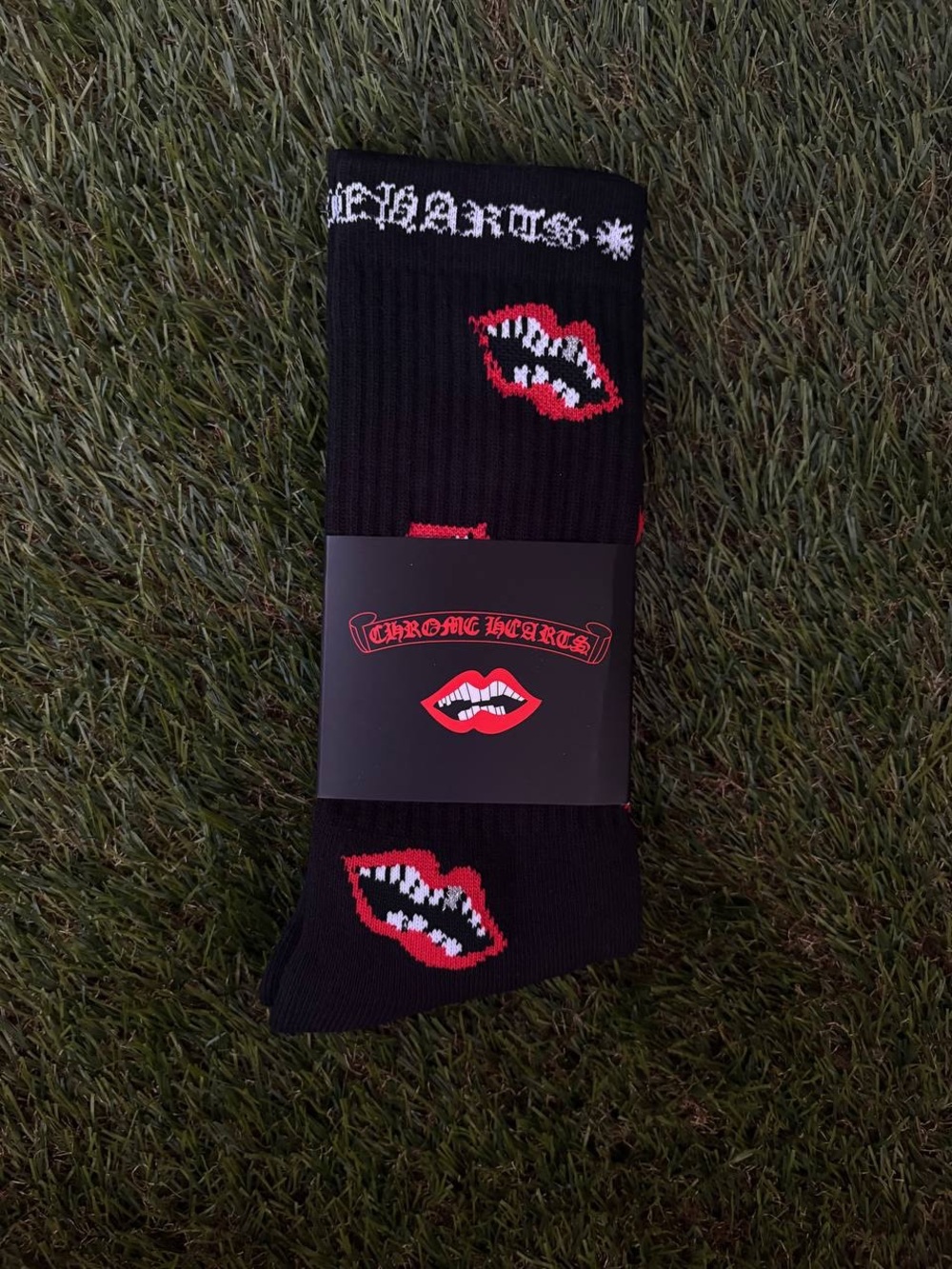Chrome Hearts Black Crew Socks with Red Lip Motif
